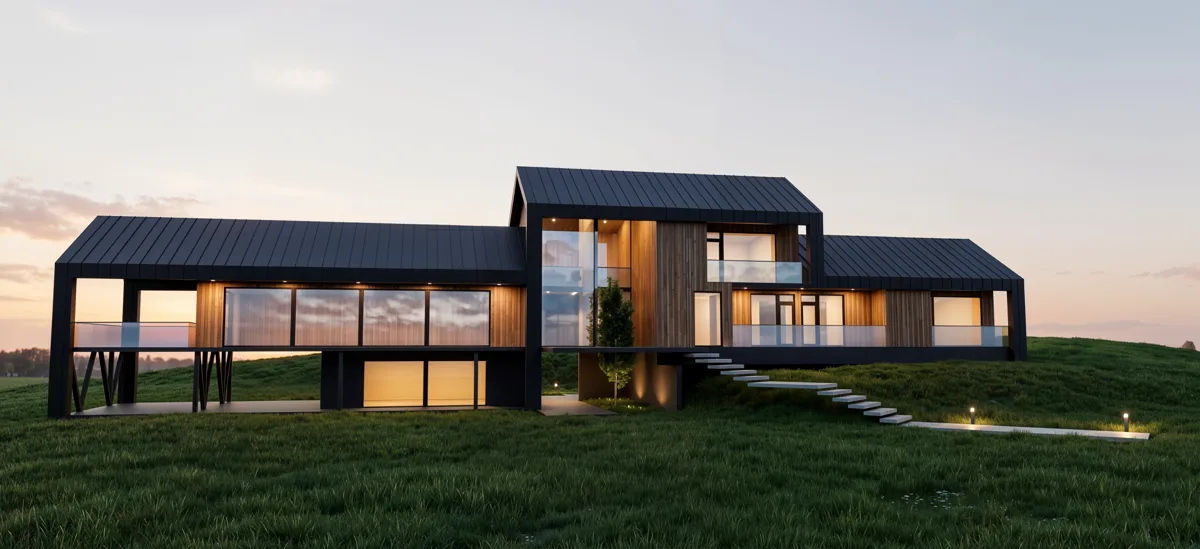 Visualización de Casa Mirador del Lago al atardecer