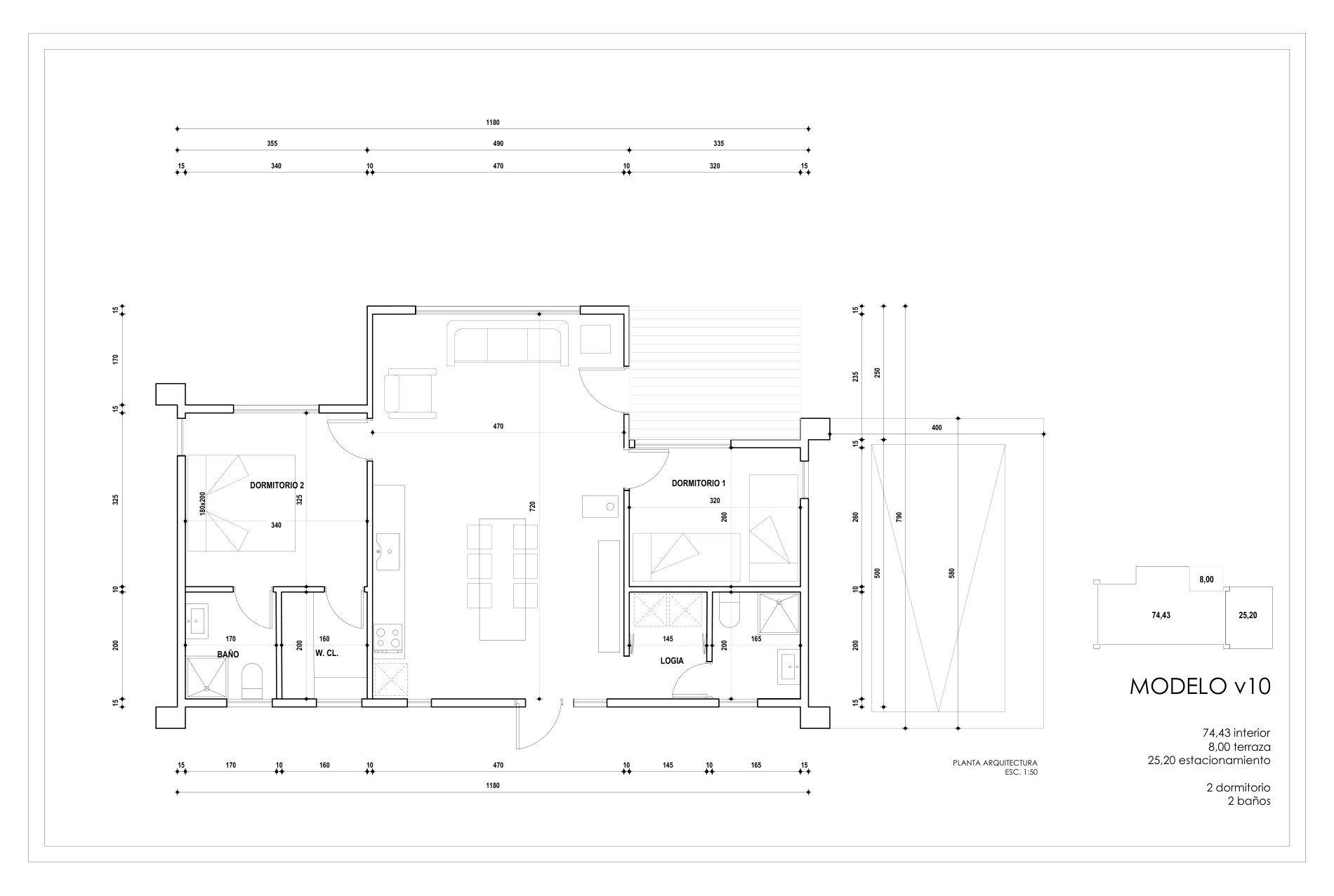 Planta de arquitectura · 74,43 m² interiores