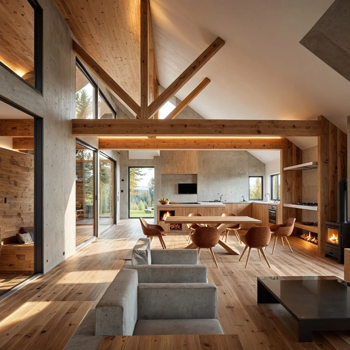 Interior de Casa Sánchez: estructura de madera, estar y luz natural