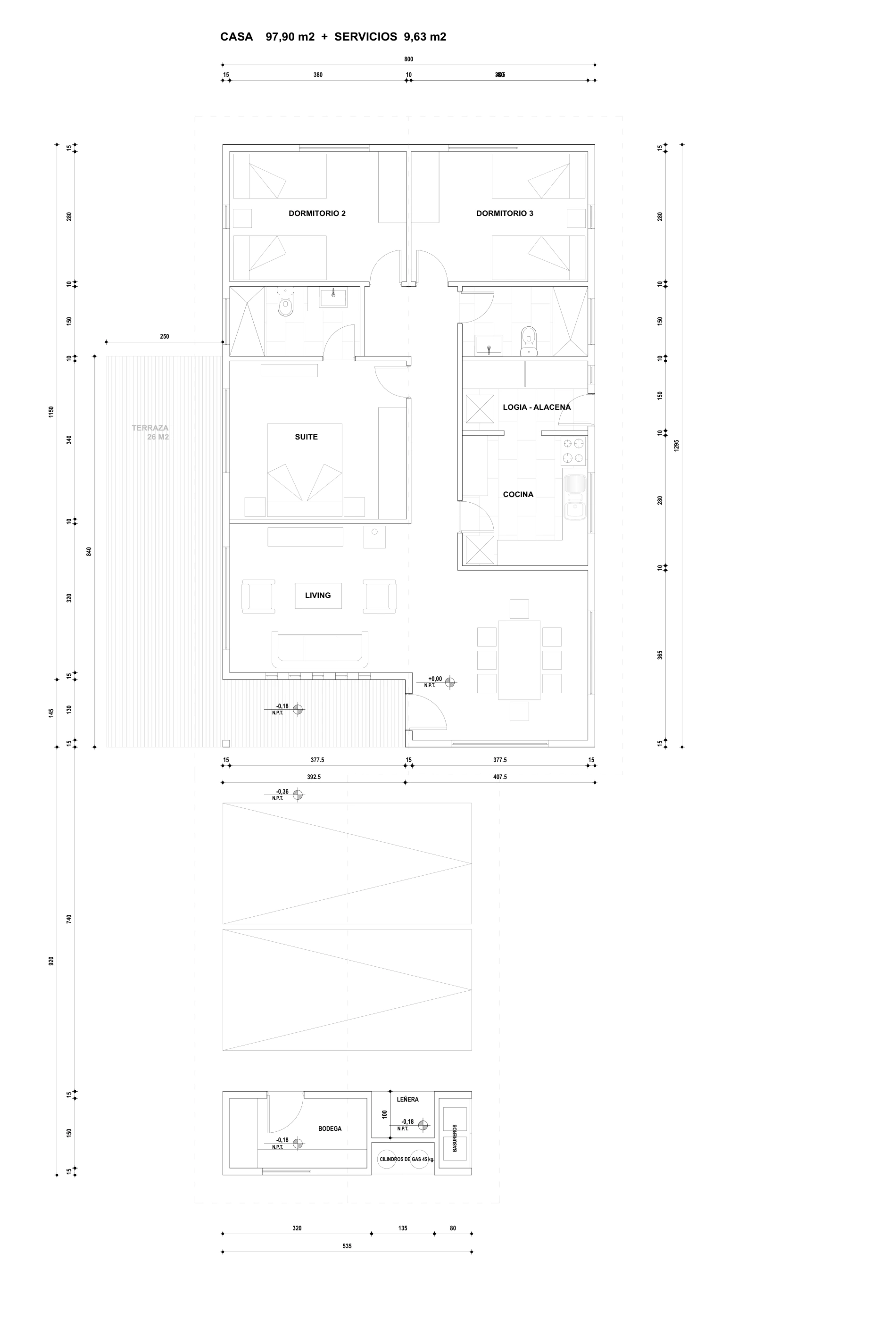 Modelo base · Vivienda 97,90 m² + servicios 9,63 m²